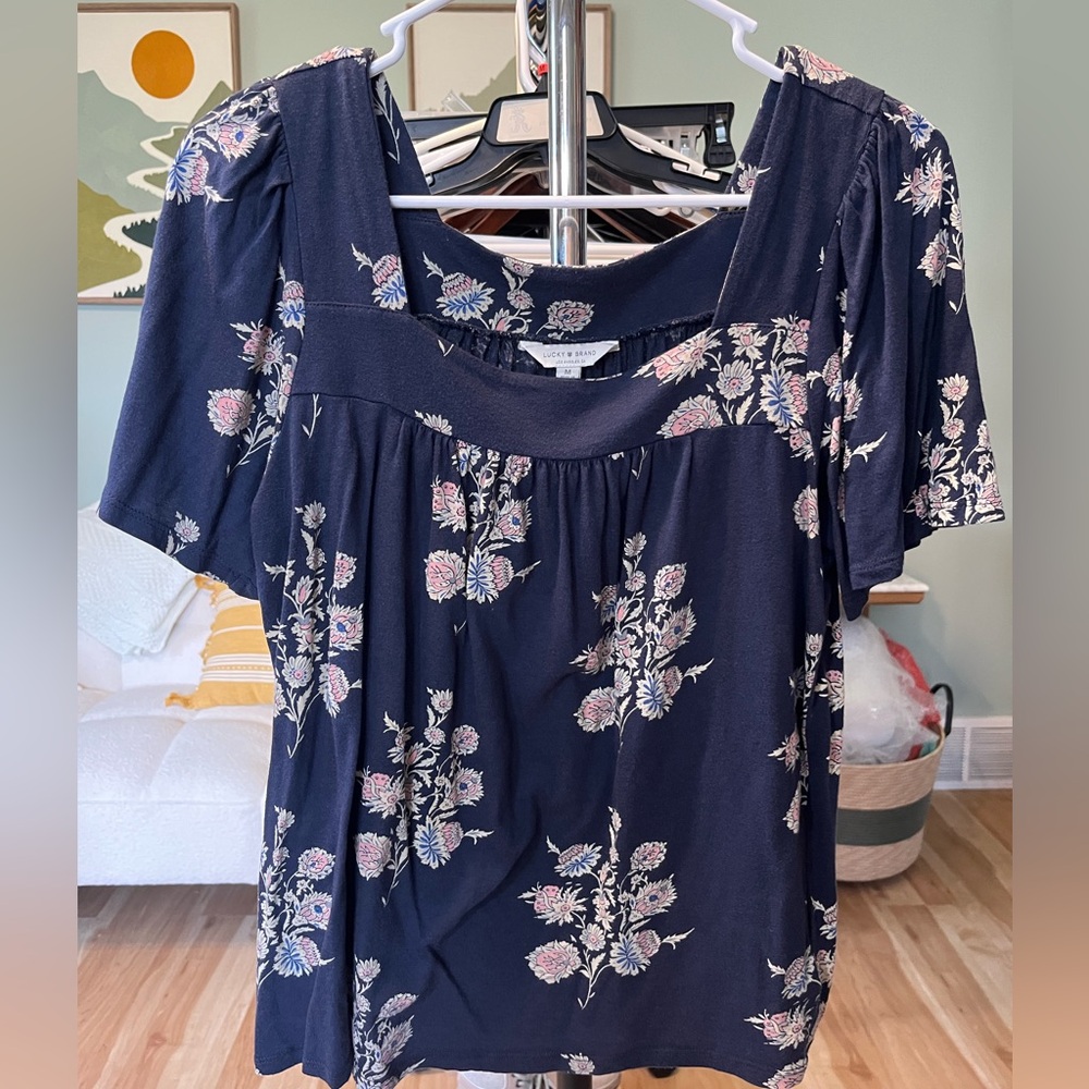Lucky Brand Navy Floral Square-Neck Tunic Top